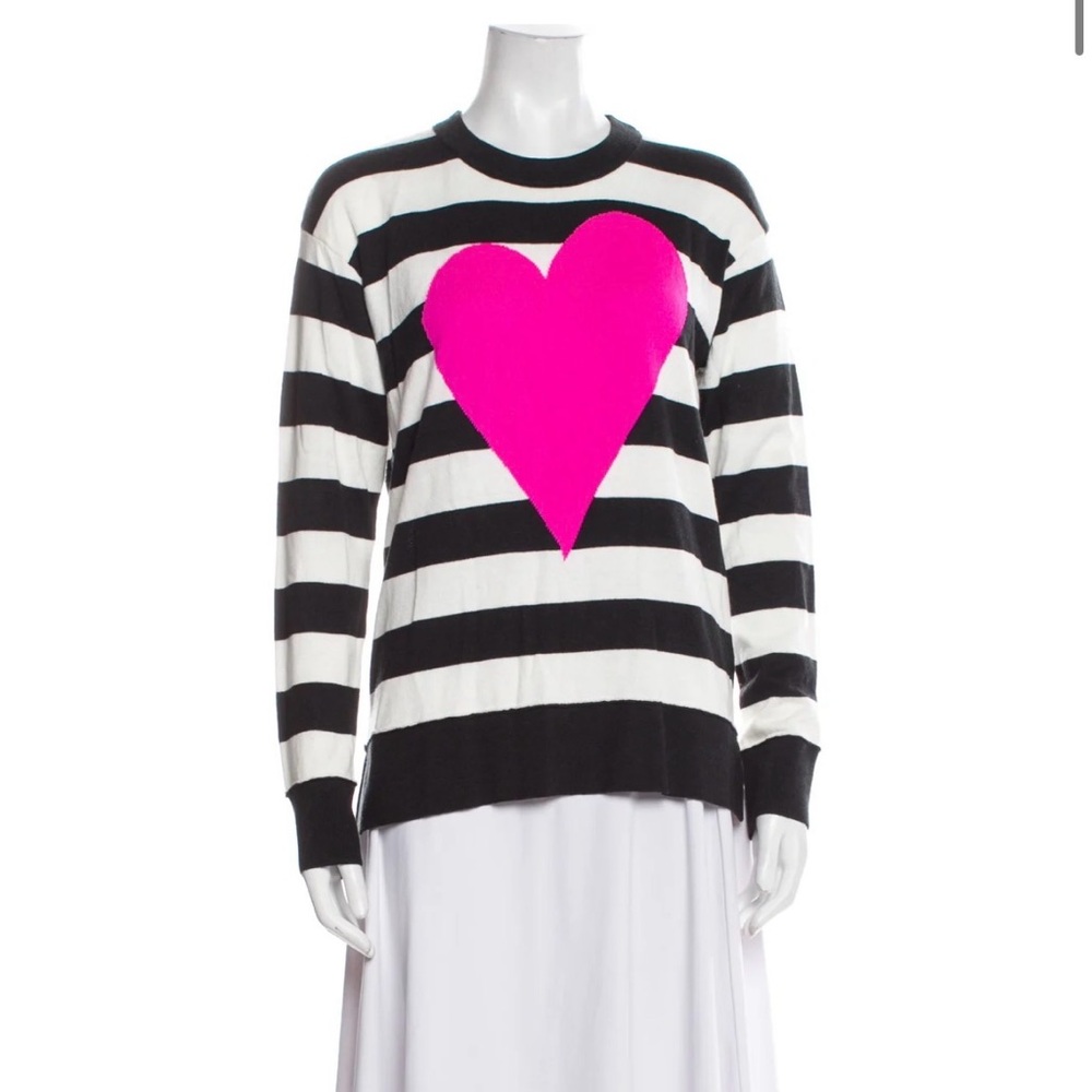 Kate Spade Heart Sweater Black White Stripe Pink Graphic Crewneck Size S